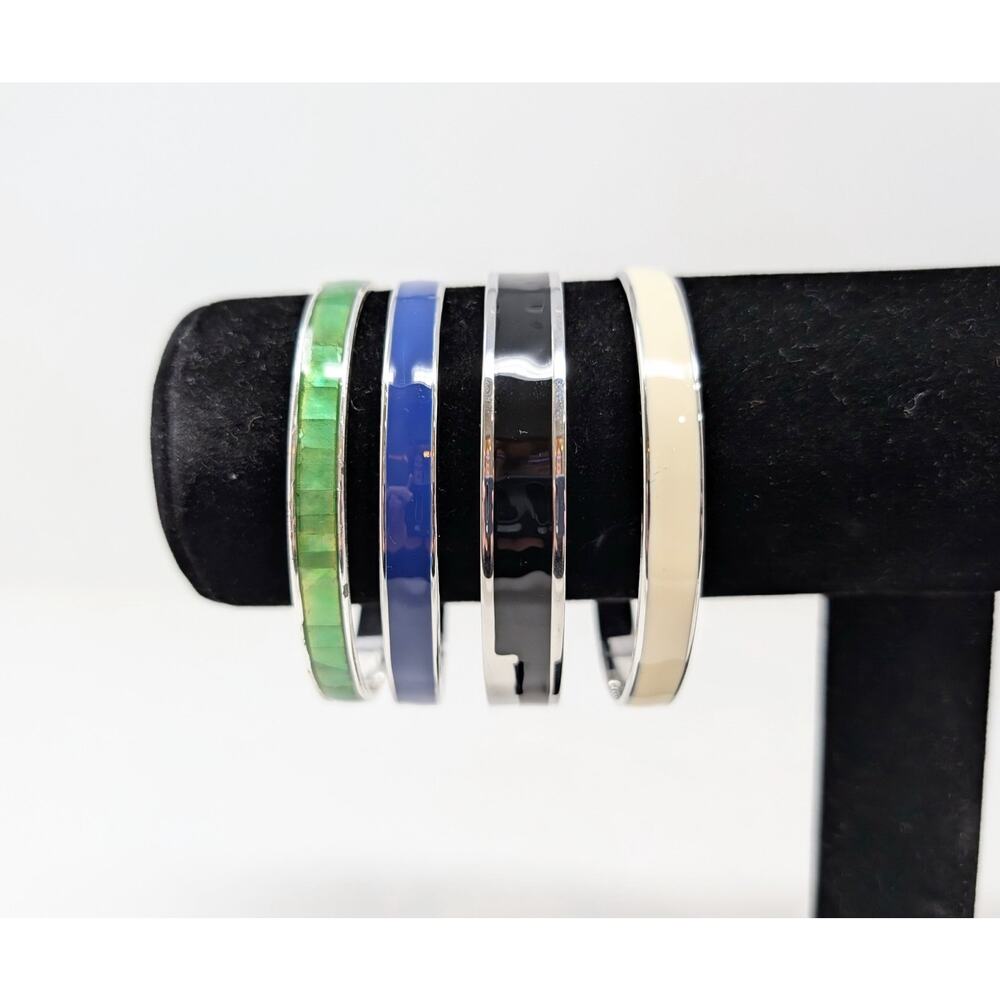 Silver Tone Green Blue Black Beige Lot of 4 Enamel Inlay Bangle Bracelet Lot